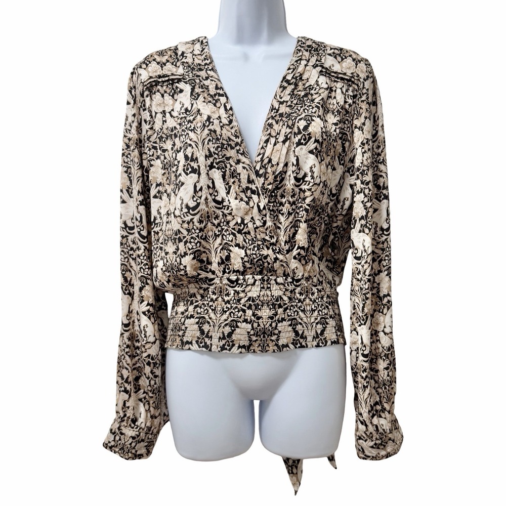 Anthropologie Womens Floral Rabbit Print Wrap Surplice Top Size L Cream Black